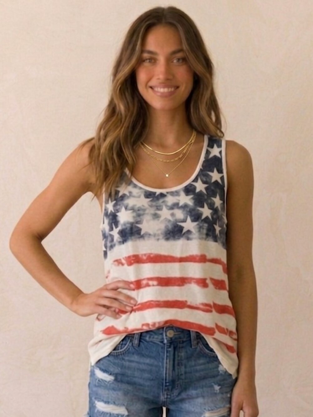 POL Flowy American Flag Star Stripe Distressed Tank Top Red White Blue Medium